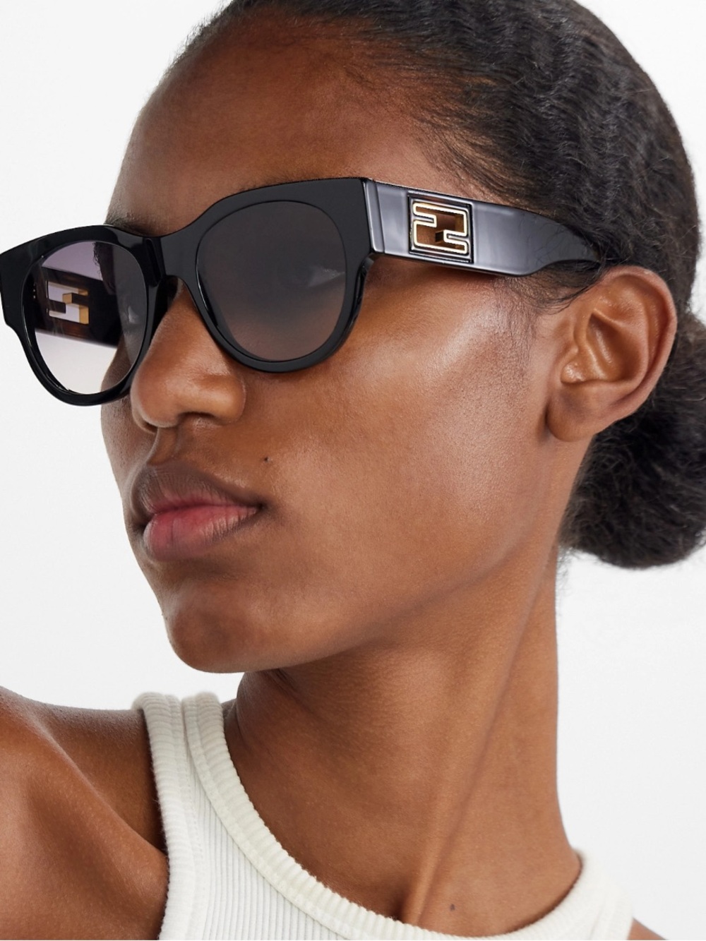 Fendi Black Round Baguette Sunglasses with Gold Logo